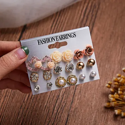 9 Pairs Women's Crystal Pearl Rose Flower Stud Earrings Set